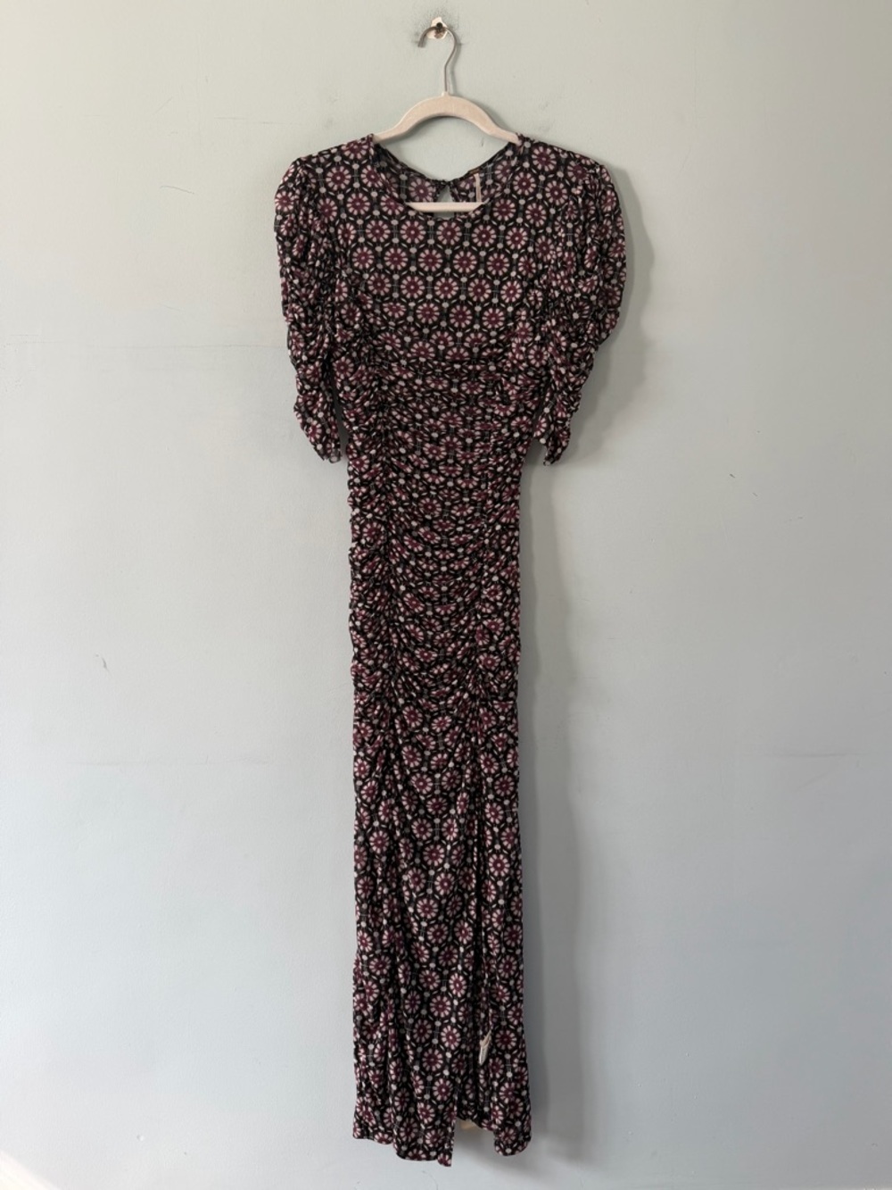 NWT Free People Briella Ruched Black Purple Floral Combo Mesh Boho Midi Dress - Picture 3 of 7